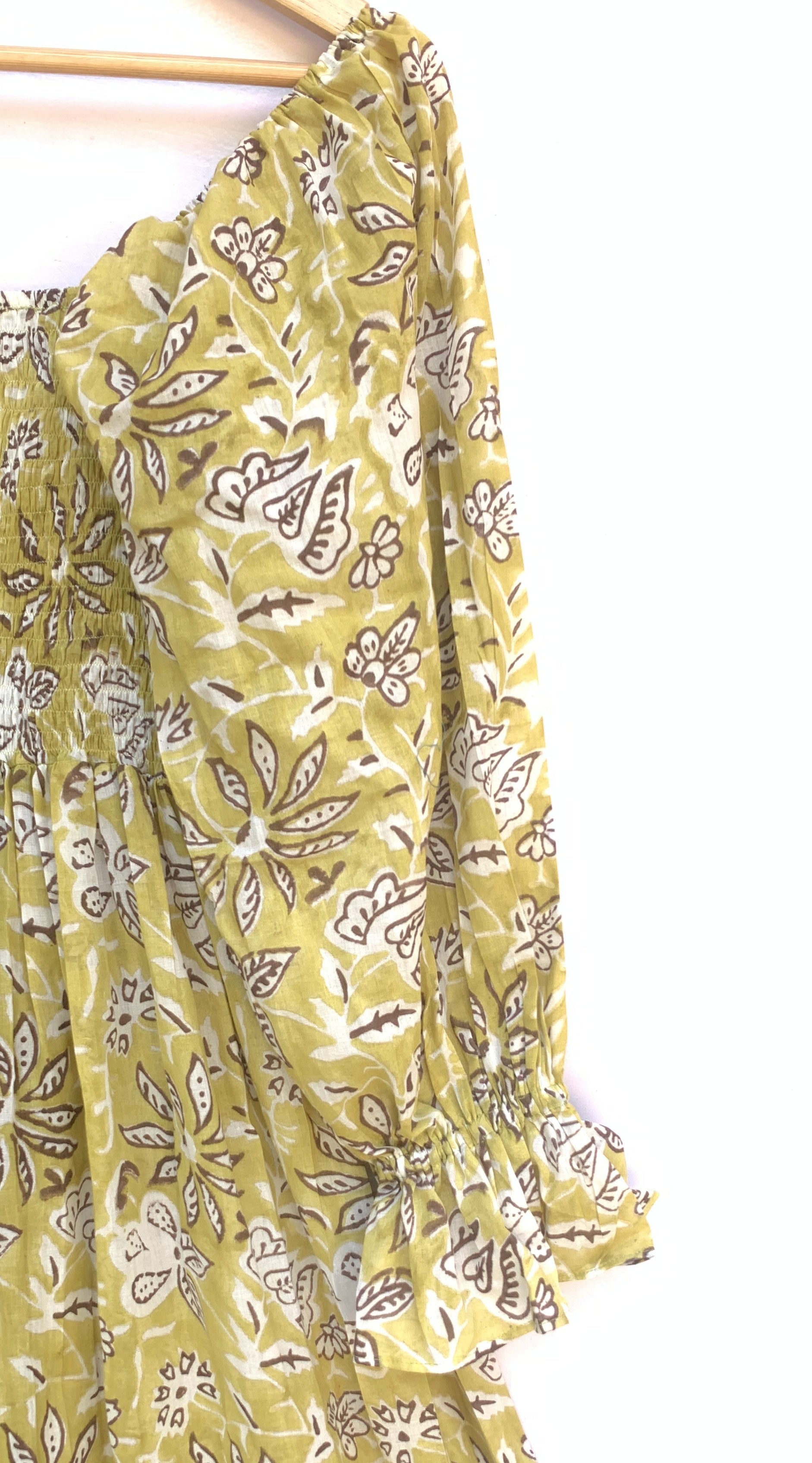 cotton yellow-brown floral printed women's maxi dress