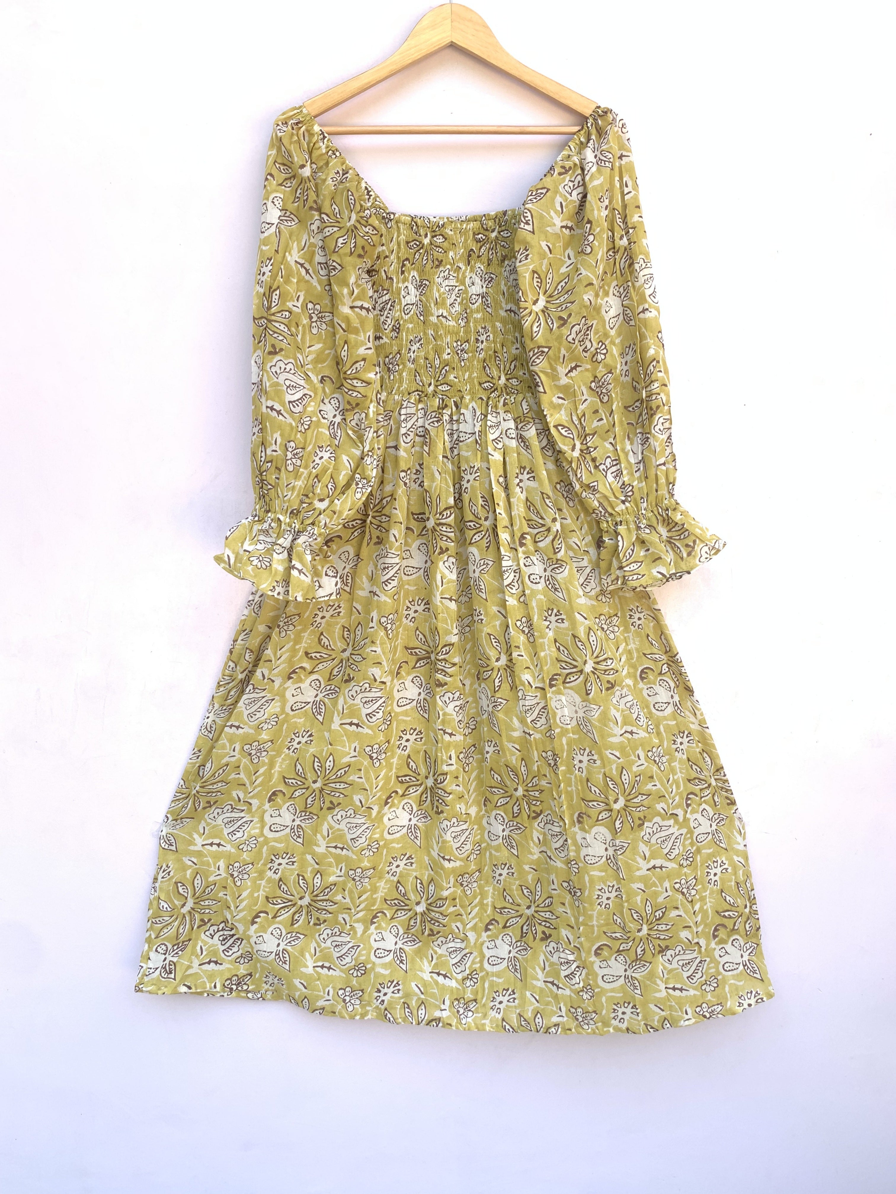 cotton yellow-brown floral printed women's maxi dress