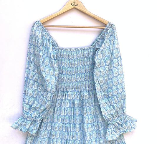 Blue Smocked Cotton Dress – Long Sleeve Floral Block Print Midi Dress