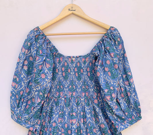 Dusty Blue Floral Block Print Cotton Midi Dress – Smocked Puff Sleeve Boho Dress