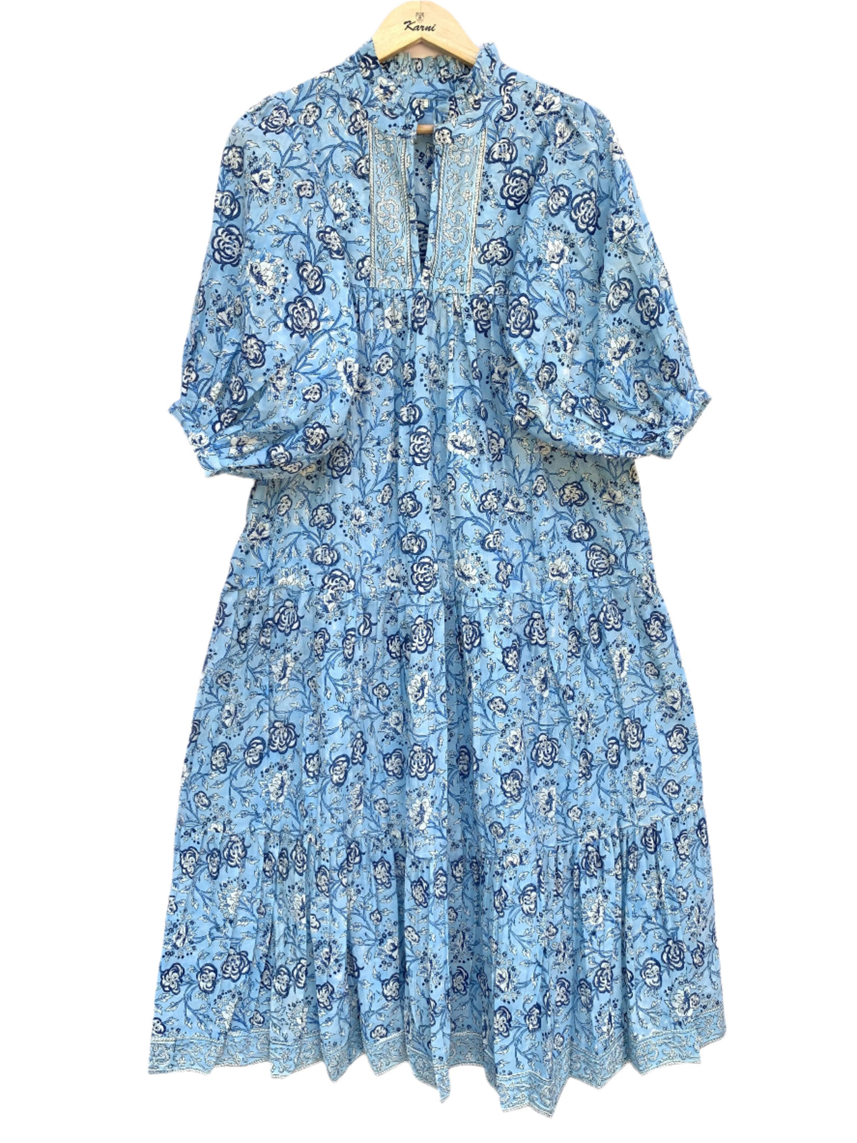 blue floral block printed women's maxi dress