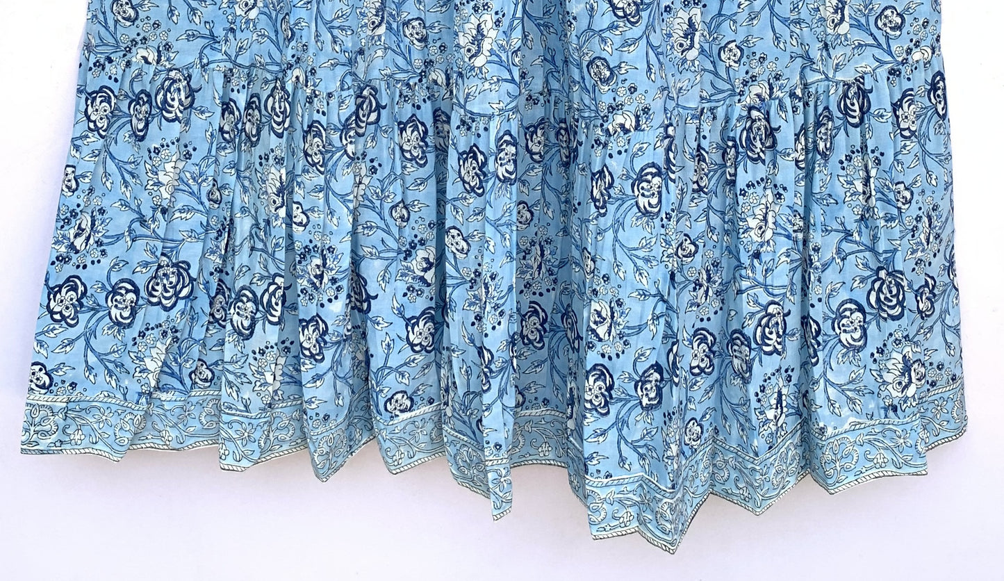 blue floral block printed women's maxi dress