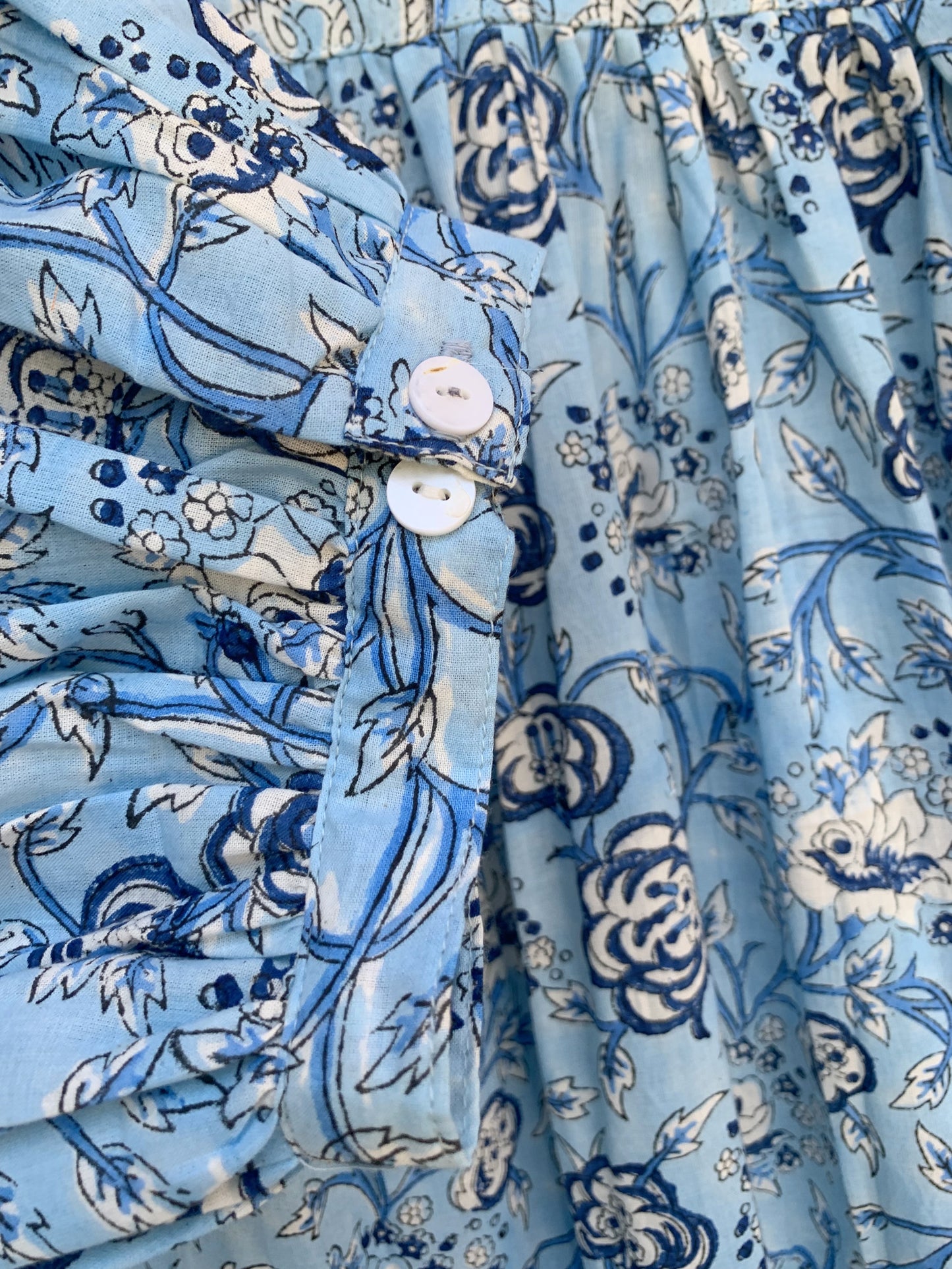 blue floral block printed women's maxi dress