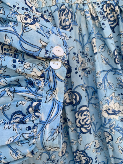 blue floral block printed women's maxi dress