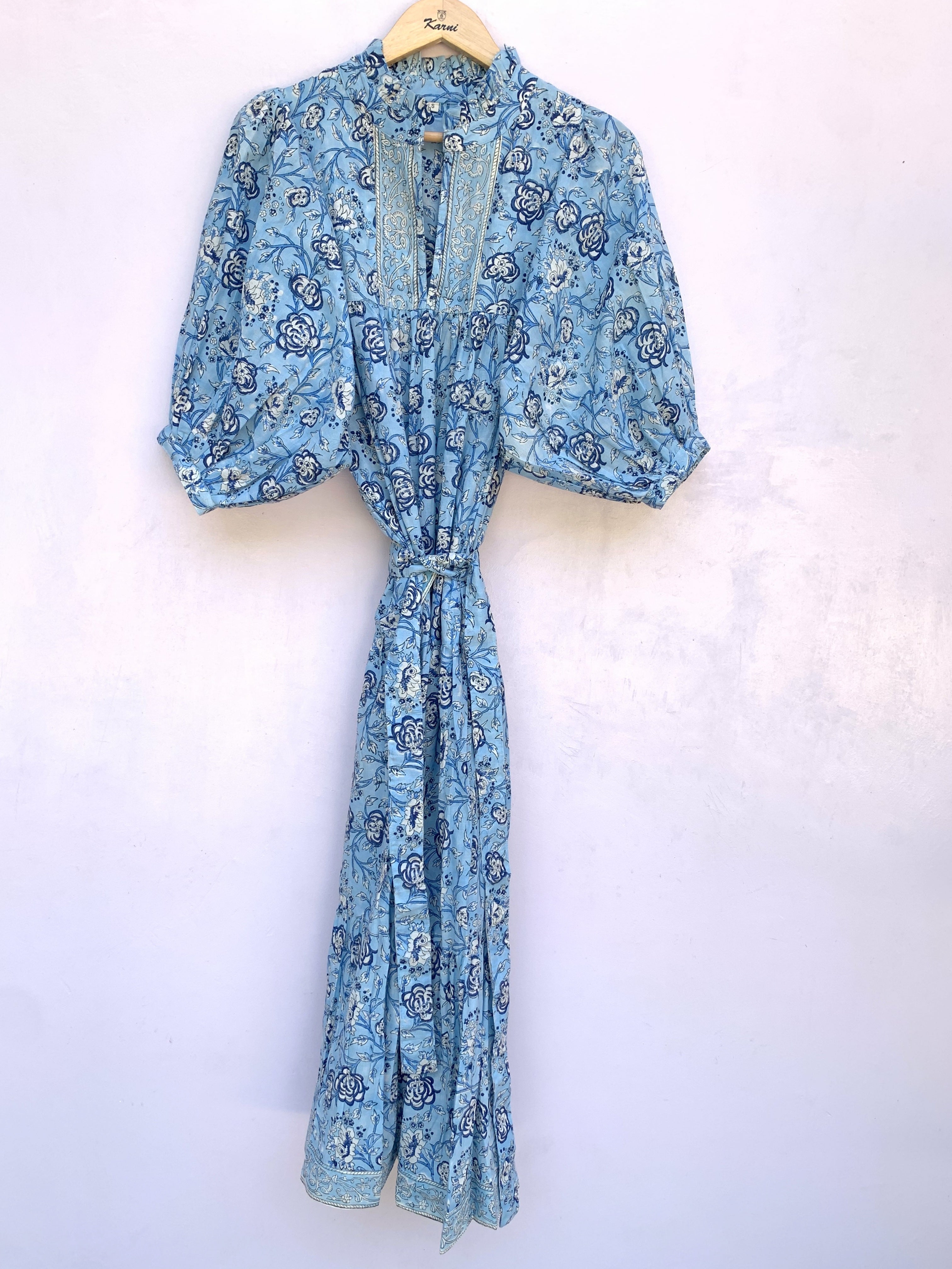 blue floral block printed women's maxi dress