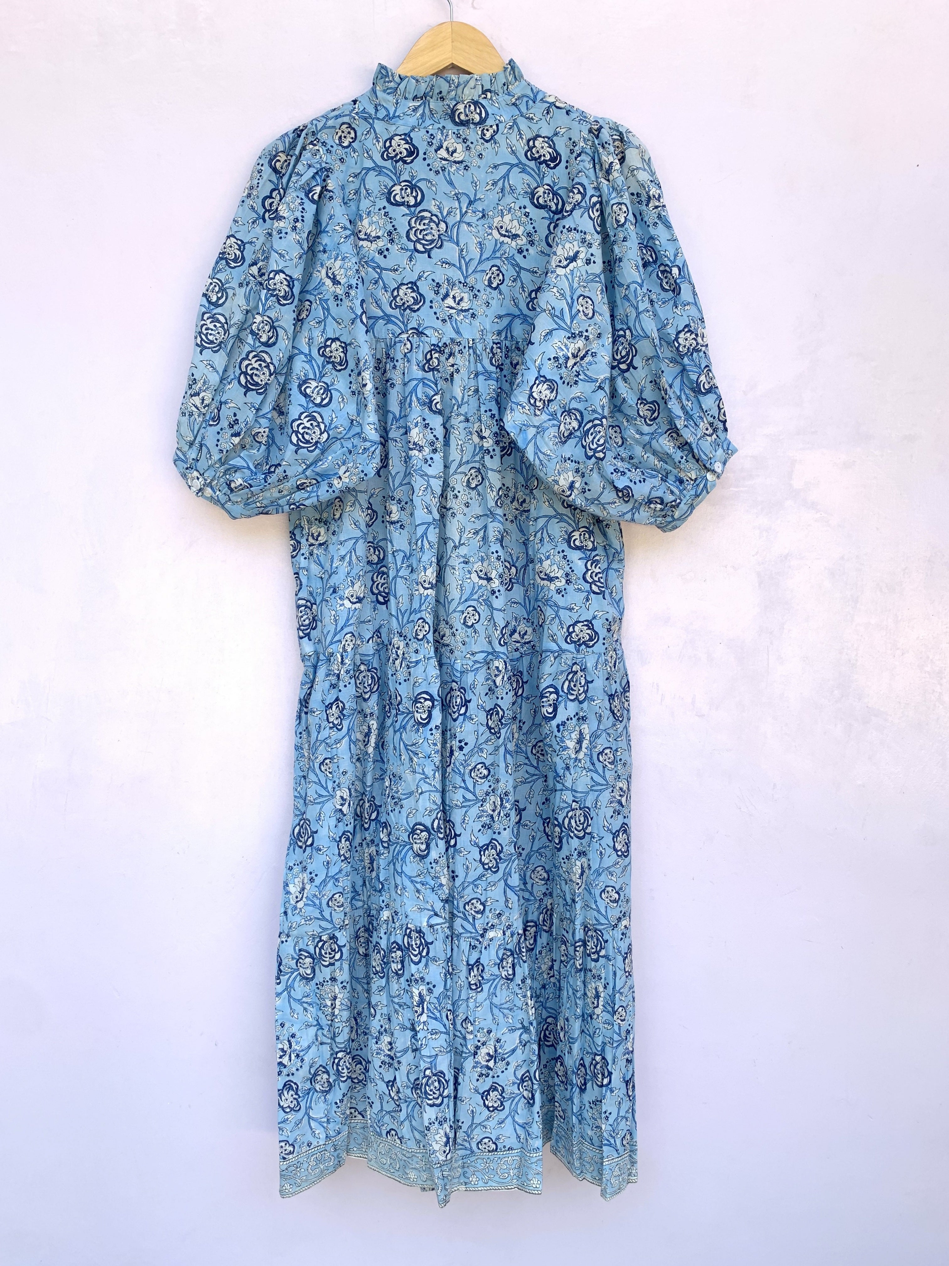 blue floral block printed women's maxi dress