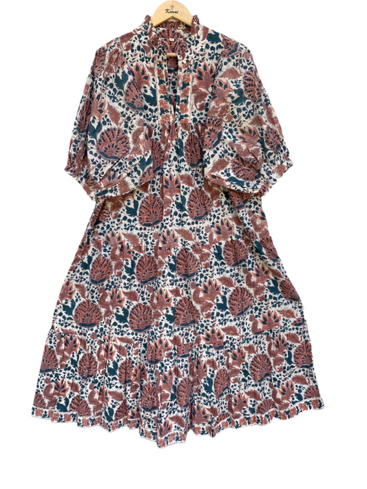 blue-green floral block printed women's summer long dress