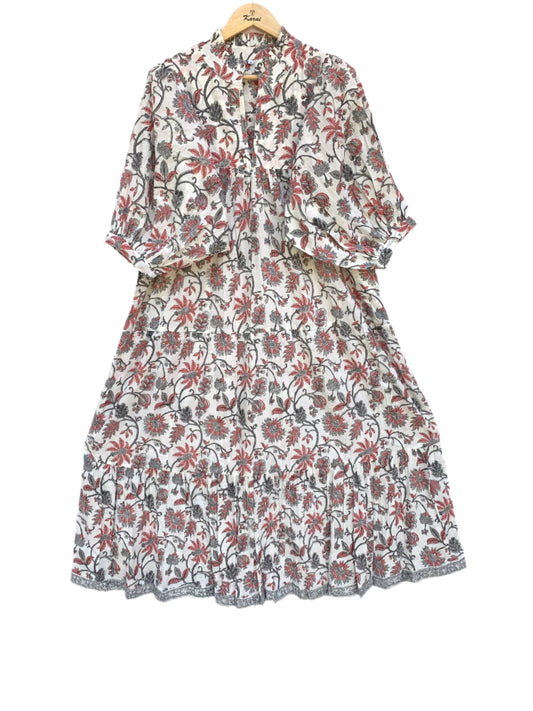cotton white-red floral block printed women's maxi dress