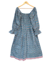 cyan blue hand block printed smocked maxi dress - long ruffle sleeve