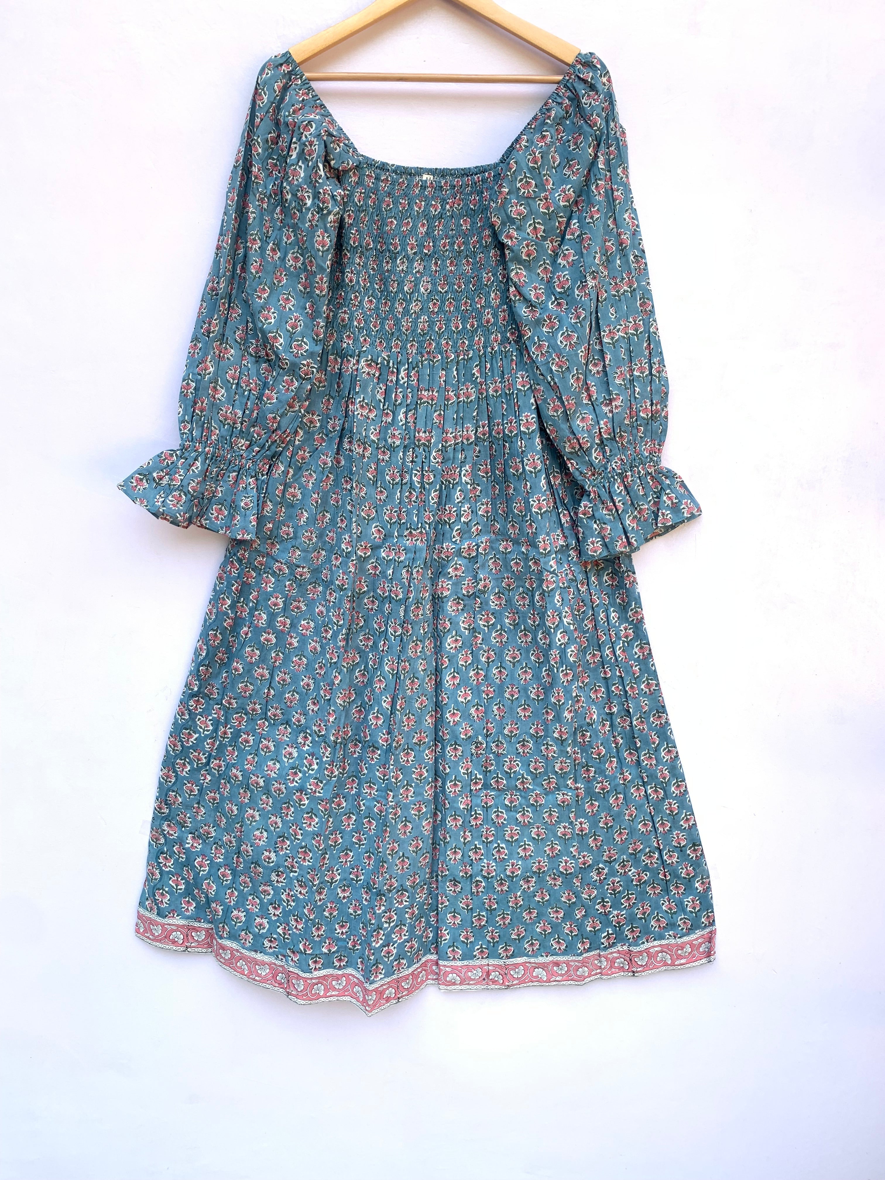 cyan blue hand block printed smocked maxi dress - long ruffle sleeve