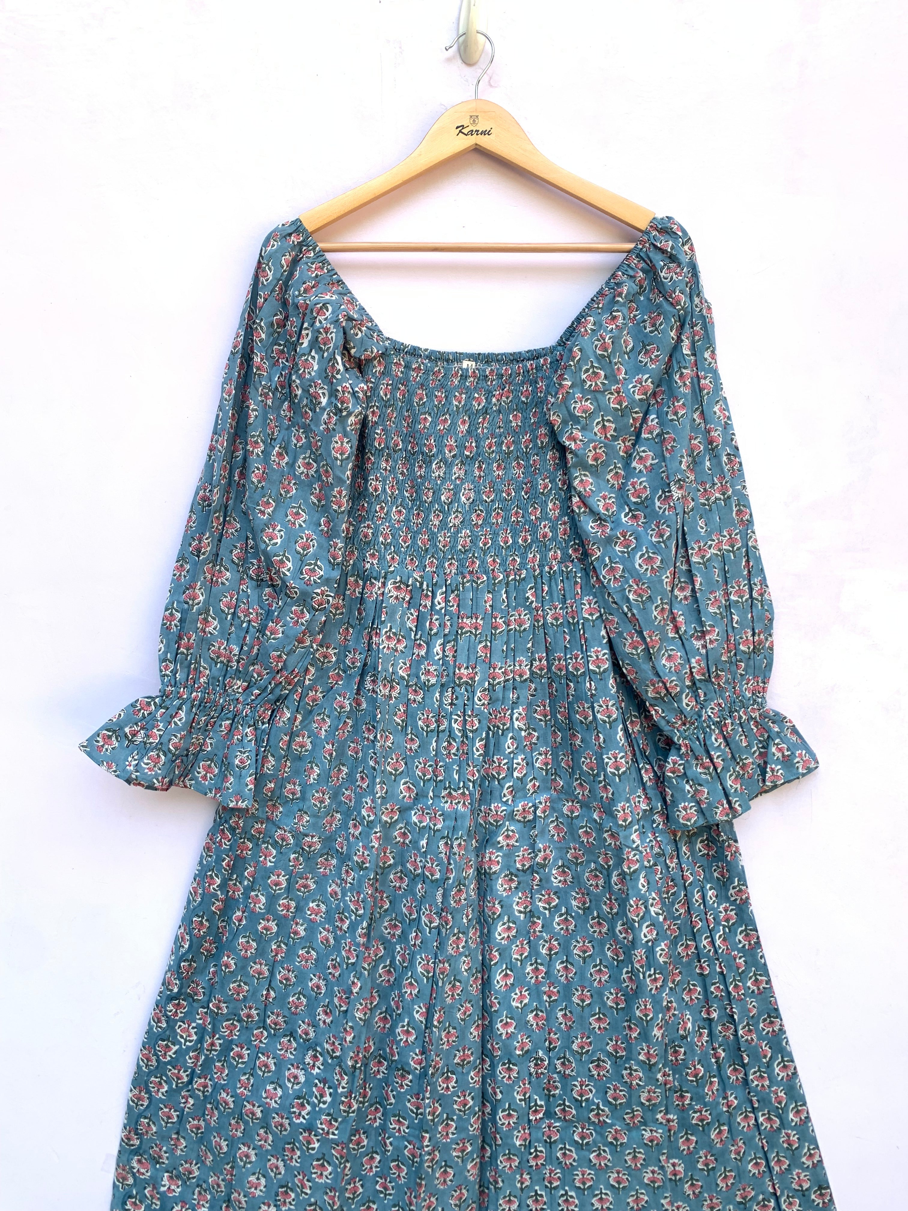 cyan blue hand block printed smocked maxi dress - long ruffle sleeve