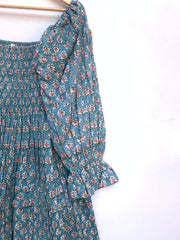 cyan blue hand block printed smocked maxi dress - long ruffle sleeve