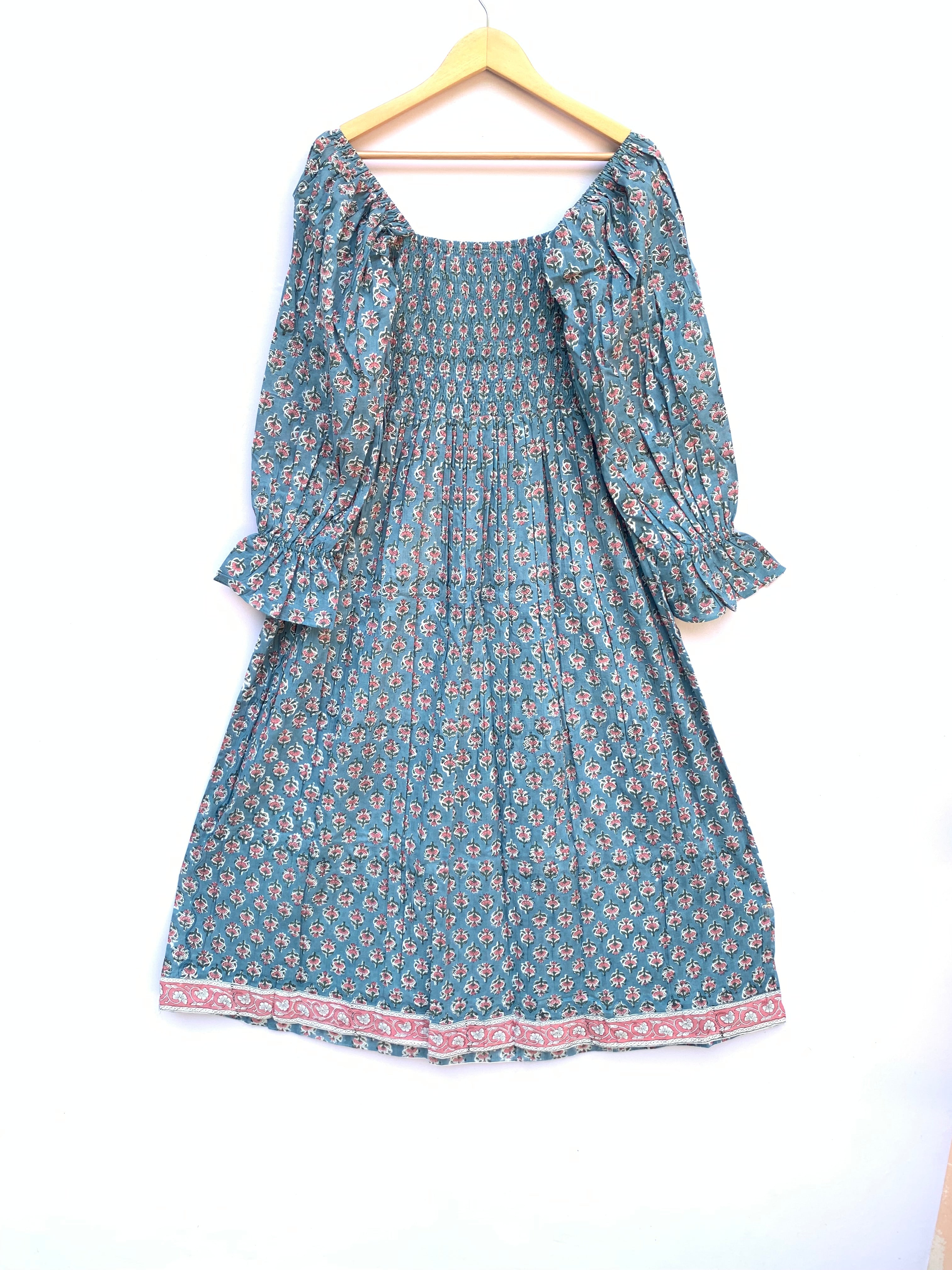 cyan blue hand block printed smocked maxi dress - long ruffle sleeve