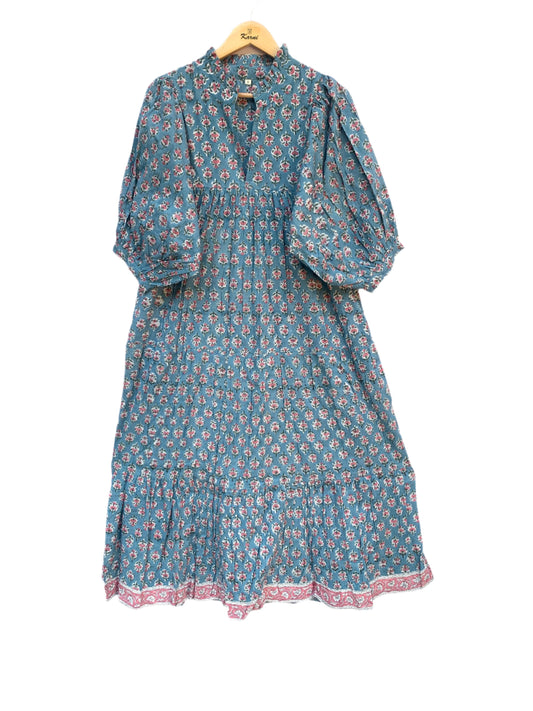 dark sea blue hand block printed frill collared maxi dress - 3/4th button sleeves