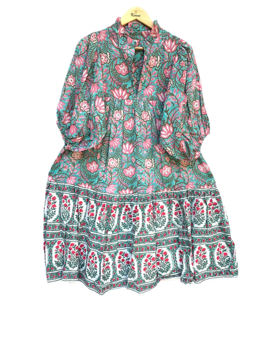 green pink lotus hand block printed frill collared maxi dress - 3/4th button sleeves