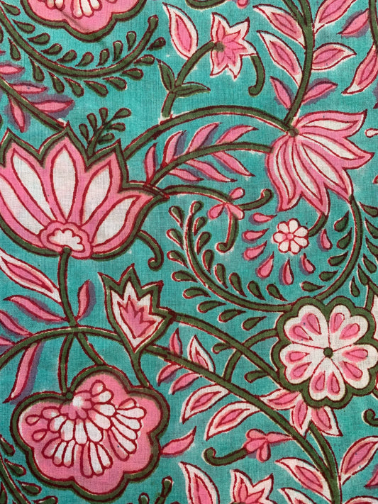 green pink lotus hand block printed frill collared maxi dress - 3/4th button sleeves
