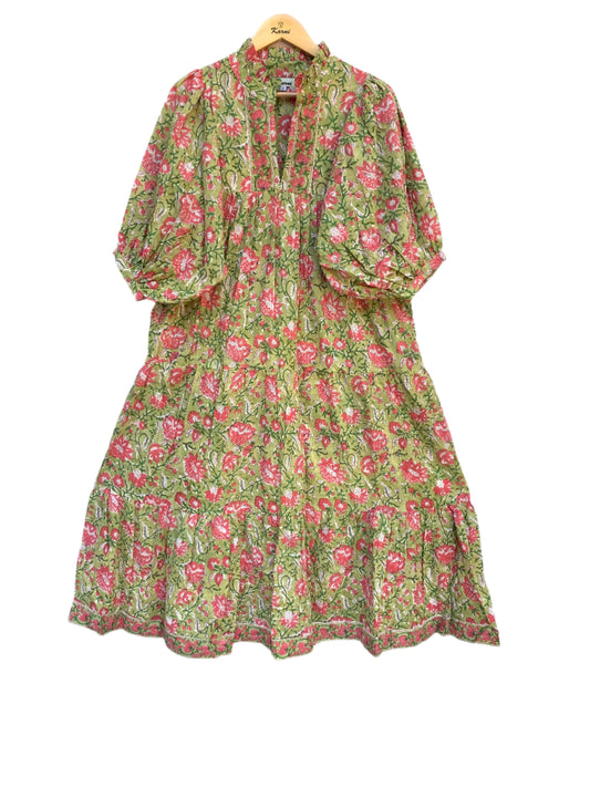 lemon green pink floral hand block printed frilled collared maxi dress - 3/4th button sleeves