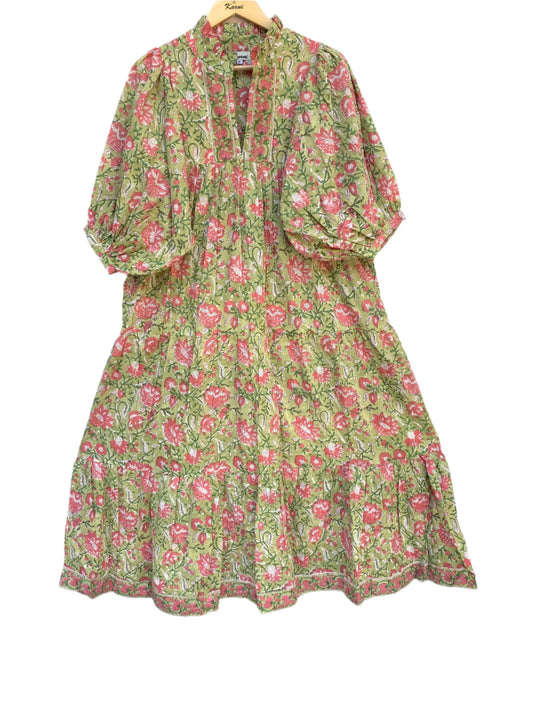 green-pink floral block printed women's maxi dress