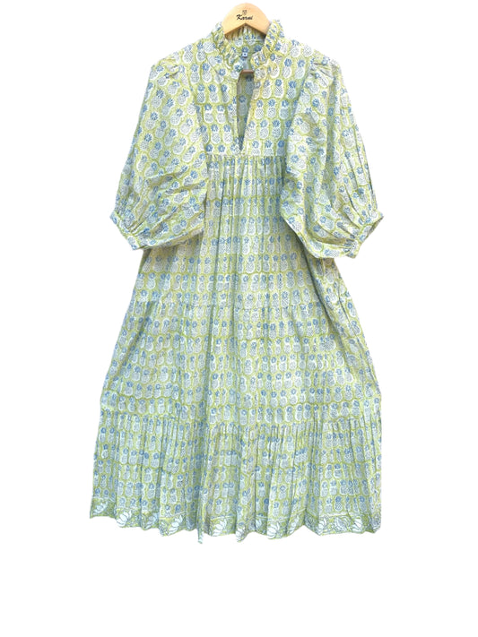 yellow pineapple hand block printed frill collared maxi dress - 3/4th button sleeves