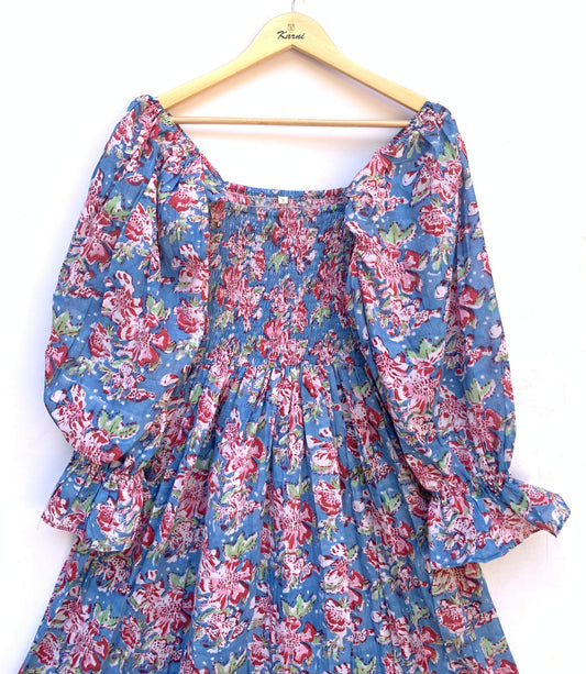 Blue Floral Hand Block Printed Cotton Midi Dress – Smocked Bodice Puff Sleeve Boho Dress