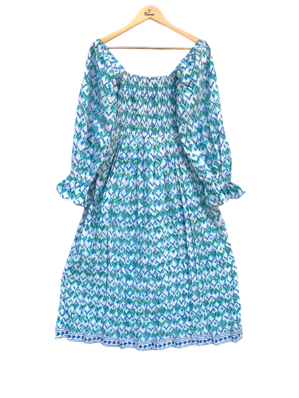 blue green geometrical hand block printed smocked maxi dress - long ruffle sleeves