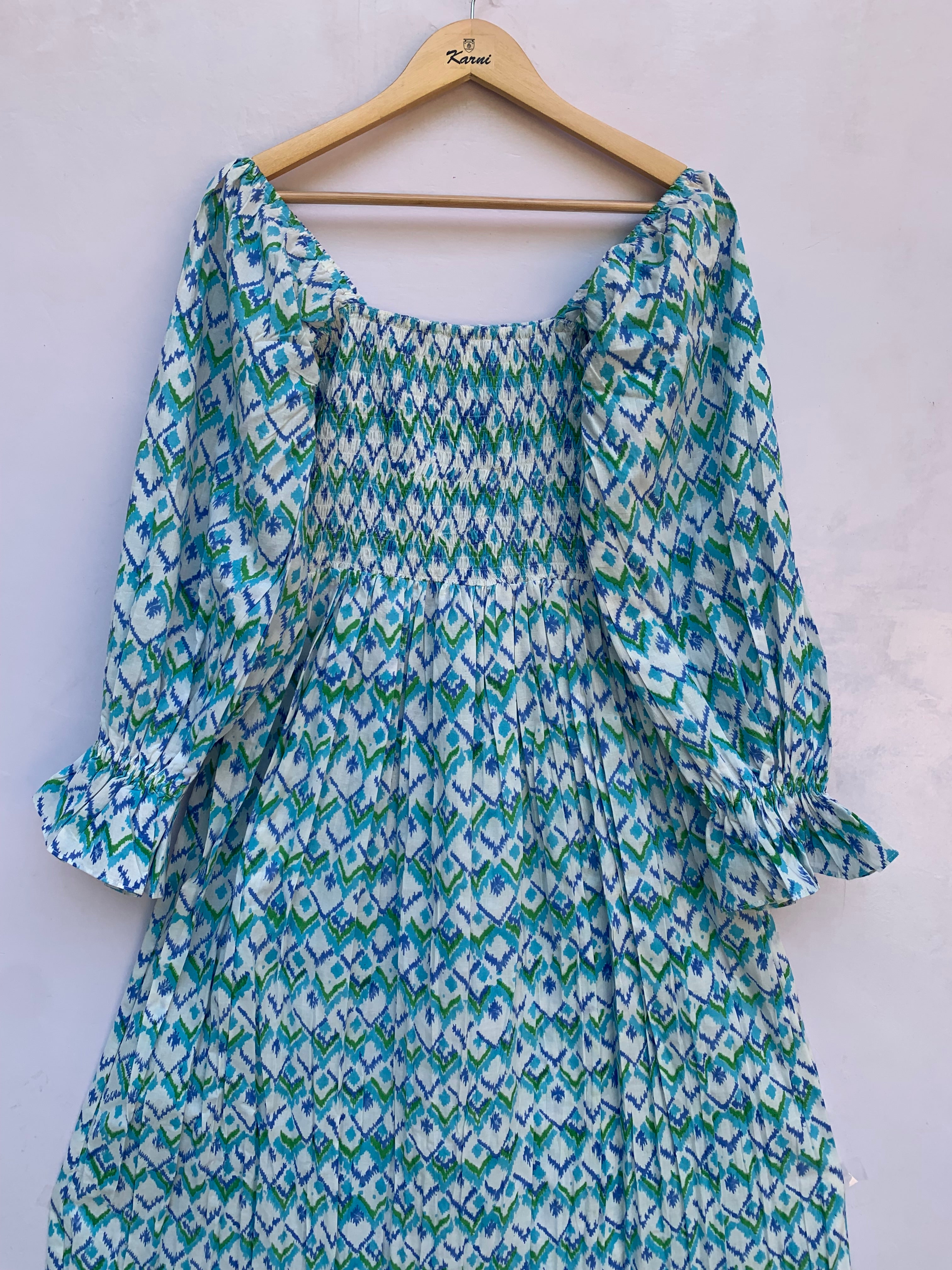 blue green geometrical hand block printed smocked maxi dress - long ruffle sleeves