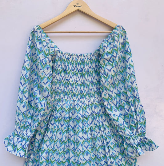 Blue Geometric Block Print Cotton Midi Dress – Square Neck Smocked Bohemian Dress