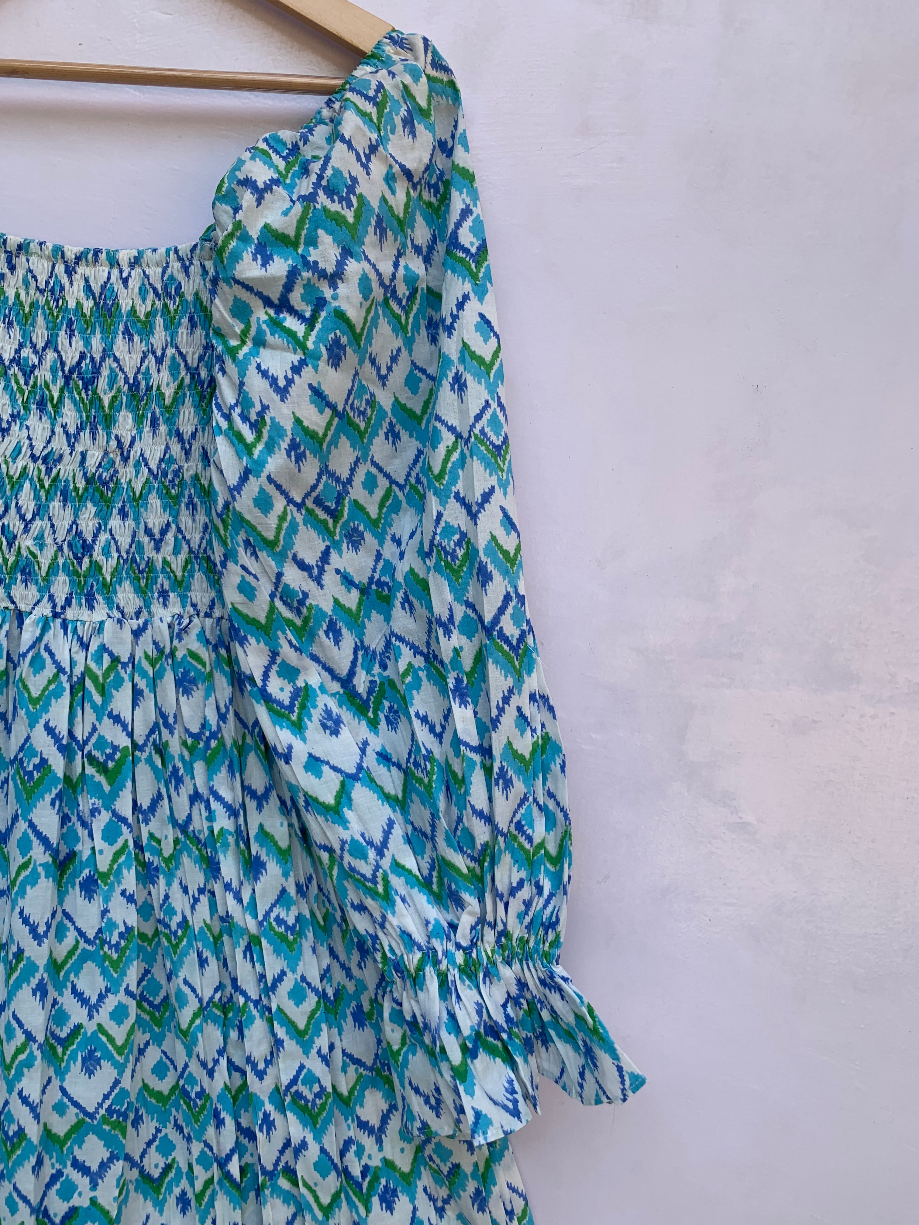 blue green geometrical hand block printed smocked maxi dress - long ruffle sleeves