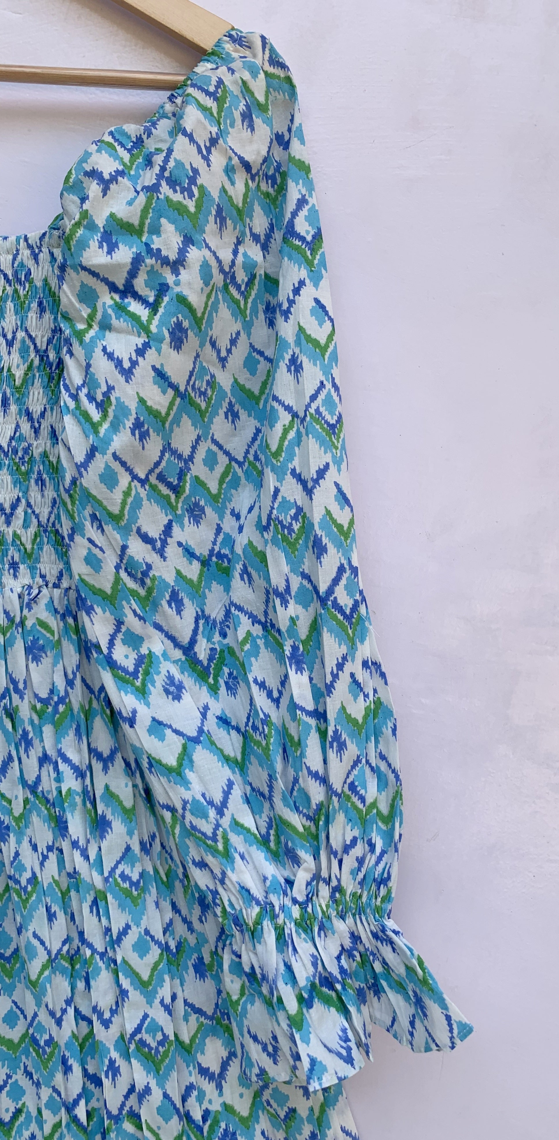 green-blue geometrical printed women's maxi dress