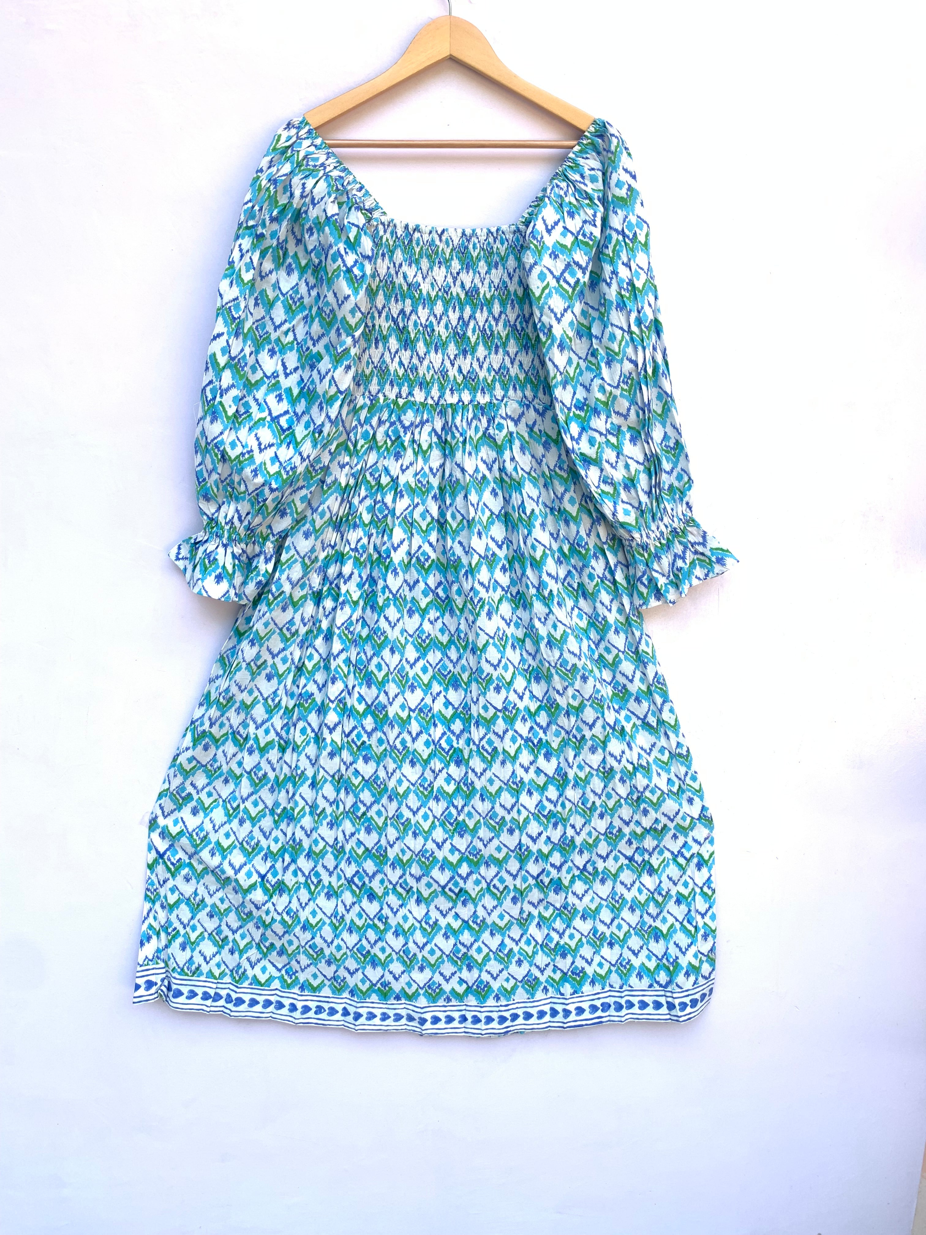 blue green geometrical hand block printed smocked maxi dress - long ruffle sleeves