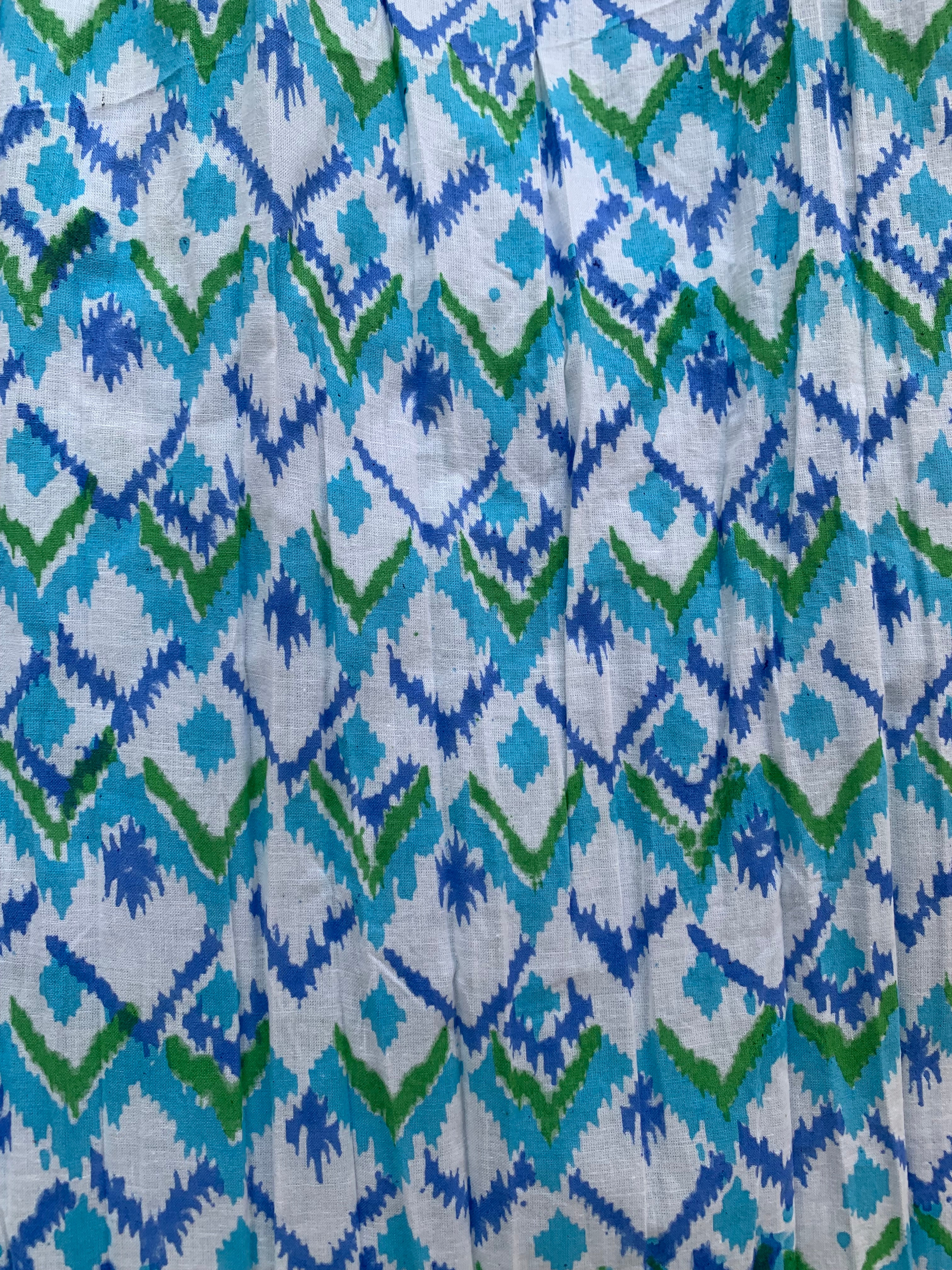 blue green geometrical hand block printed smocked maxi dress - long ruffle sleeves