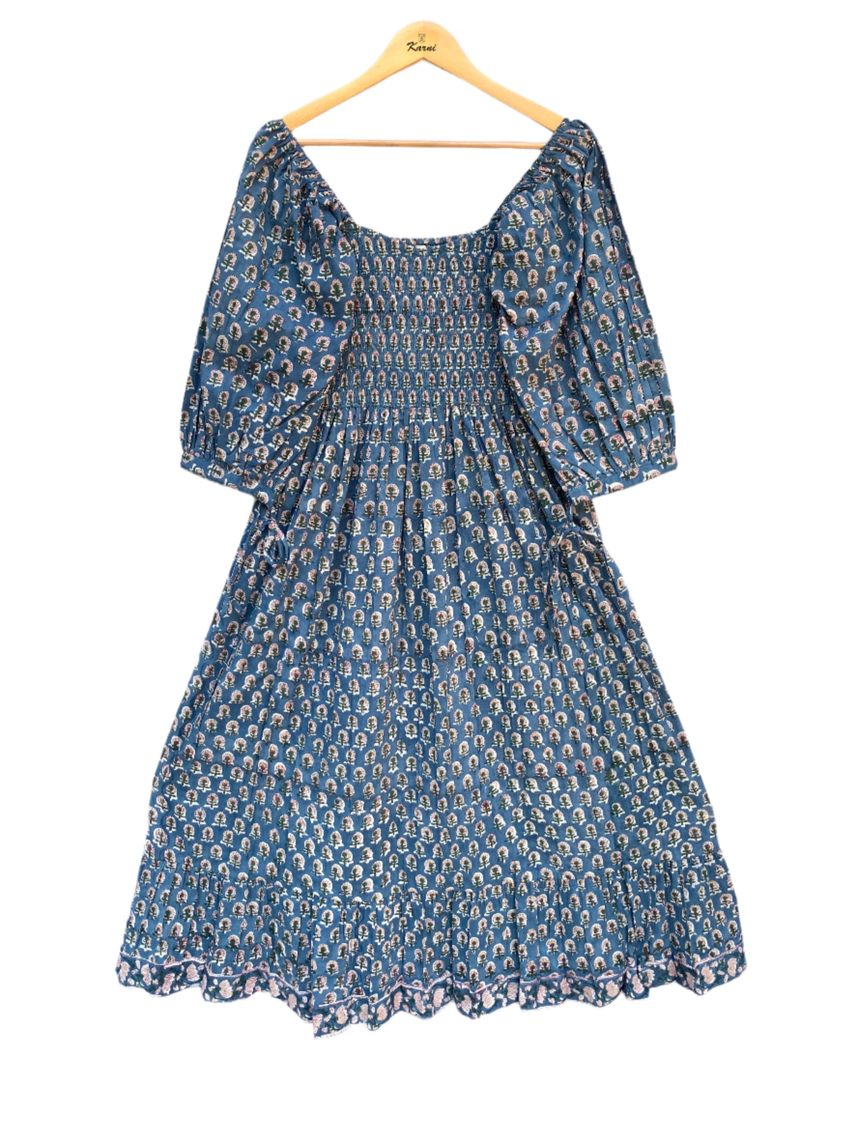 blue floral hand block printed smocked maxi dress - long ruffle sleeves