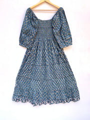 blue floral hand block printed smocked maxi dress - long ruffle sleeves