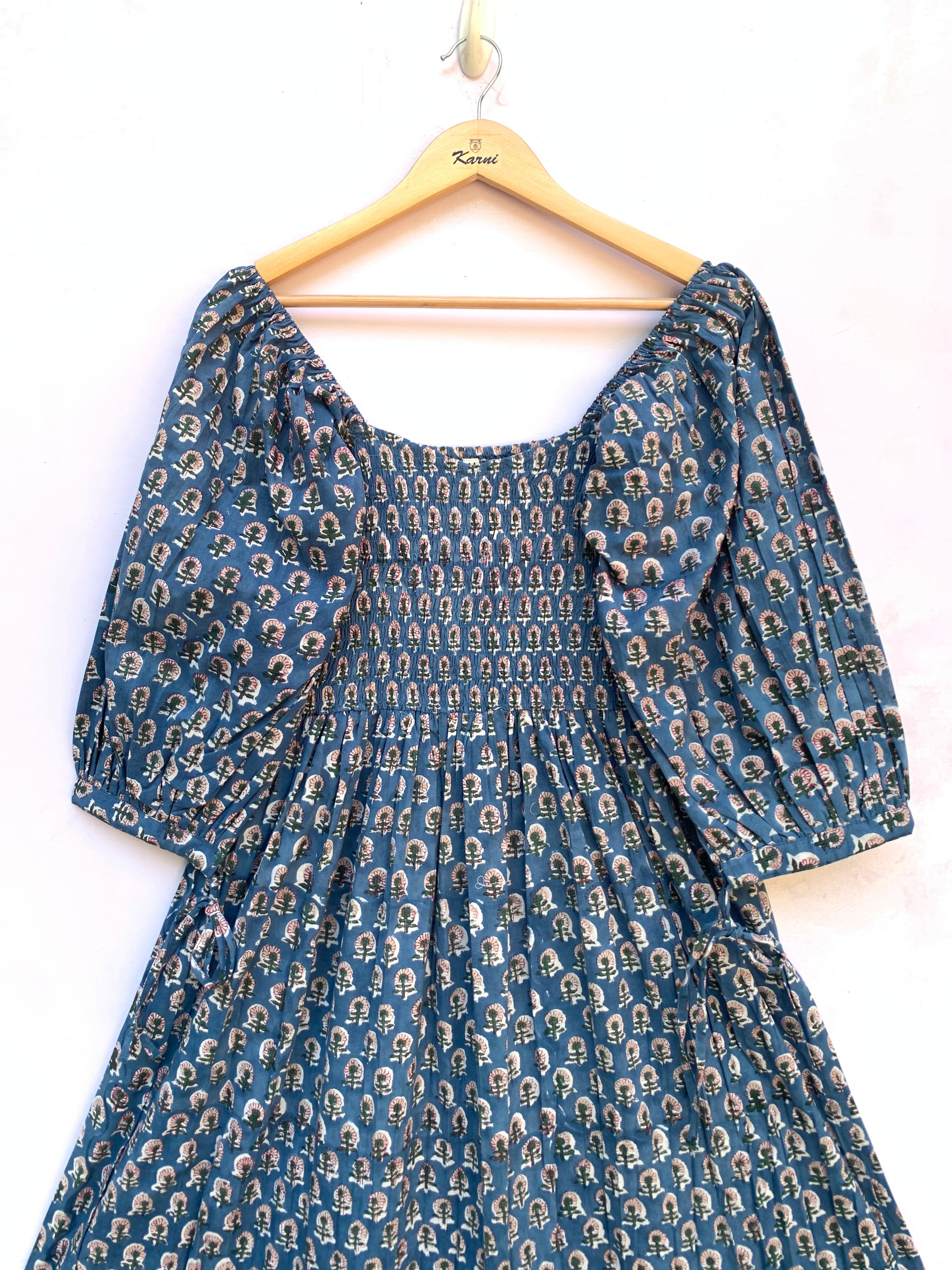 blue floral hand block printed smocked maxi dress - long ruffle sleeves