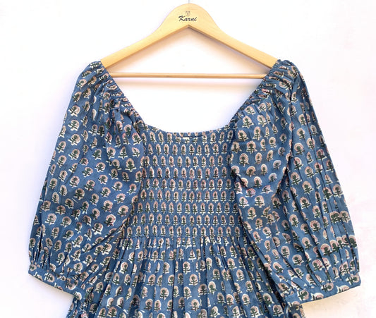Blue Hand Block Printed Cotton Midi Dress – Smocked Bodice Puff Sleeve Boho Dress
