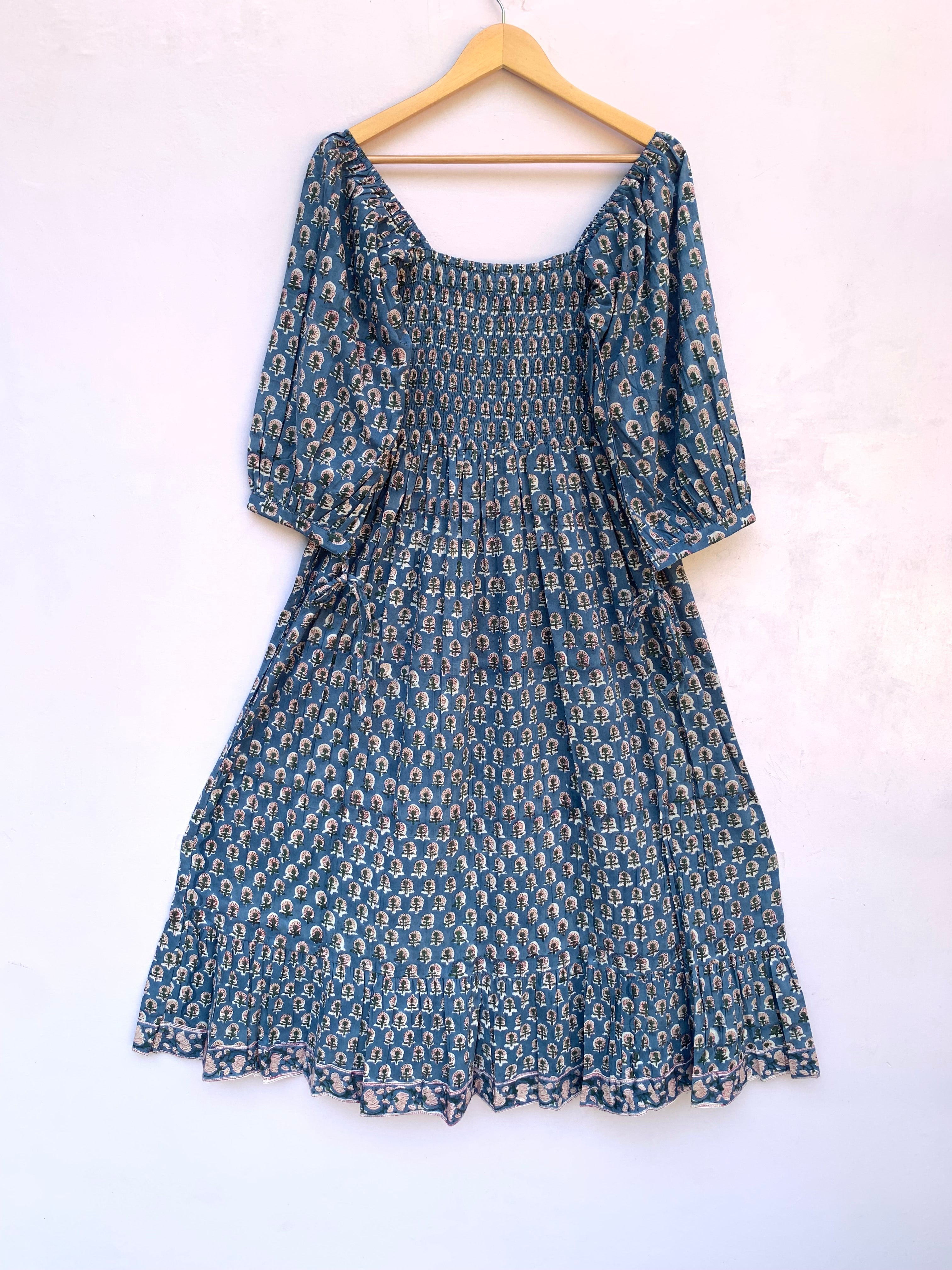 blue floral hand block printed smocked maxi dress - long ruffle sleeves