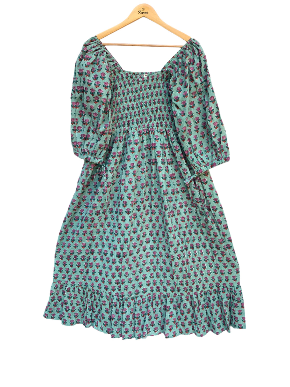 green pink floral hand block printed smocked maxi dress - long ruffle sleeves