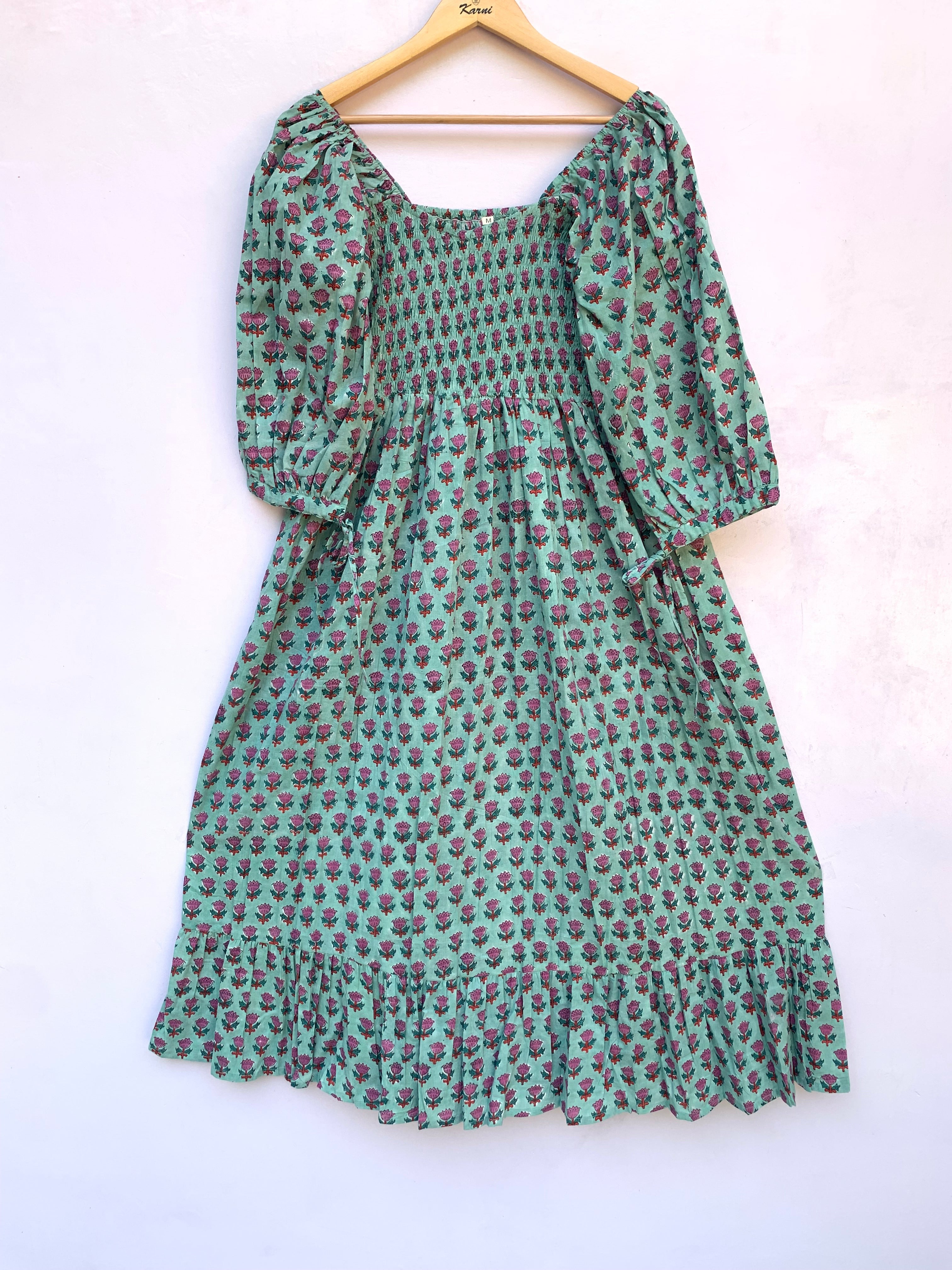 green pink floral hand block printed smocked maxi dress - long ruffle sleeves