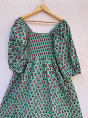 green pink floral hand block printed smocked maxi dress - long ruffle sleeves