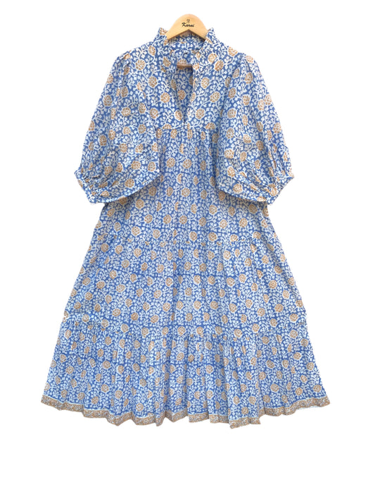 sky blue yellow floral geometrical hand block printed frill collared maxi dress - 3/4th button sleeves