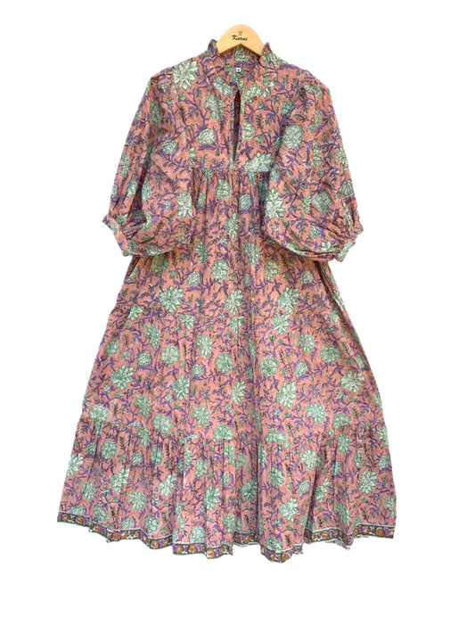 pink floral hand block printed frill collared maxi dress - 3/4th button sleeves