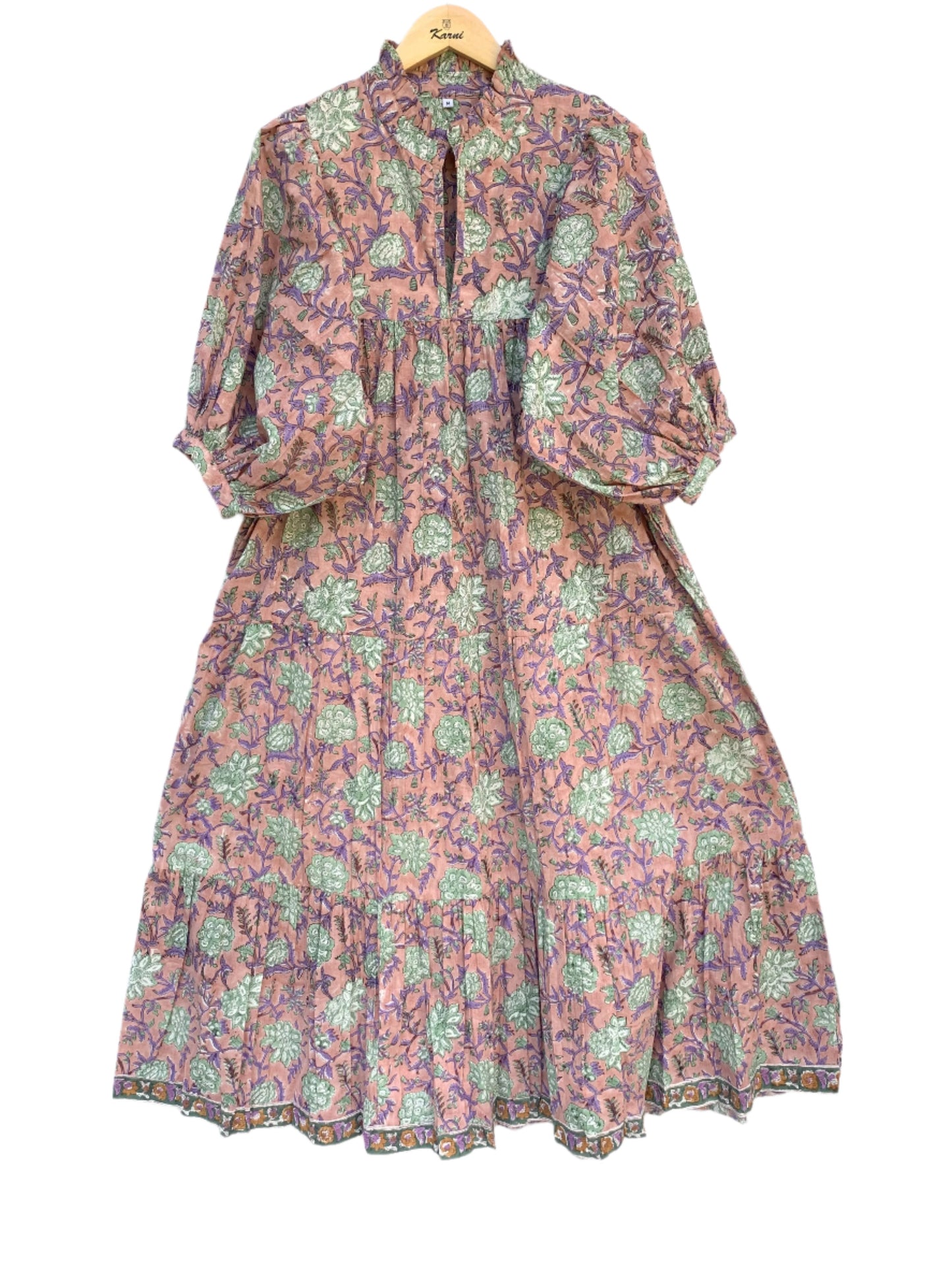 vintage rose gold floral block printed women's maxi dress