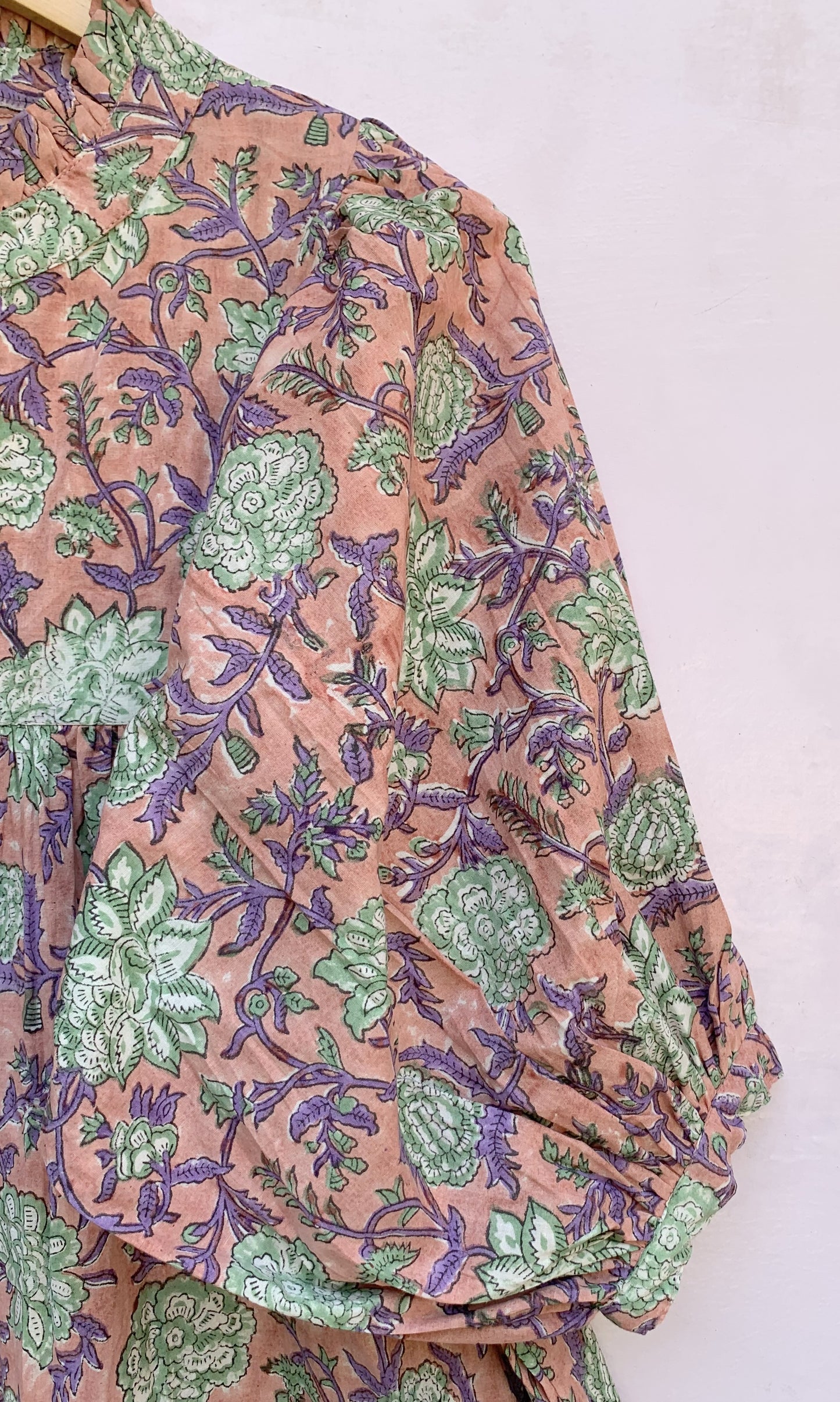 vintage rose gold floral block printed women's maxi dress