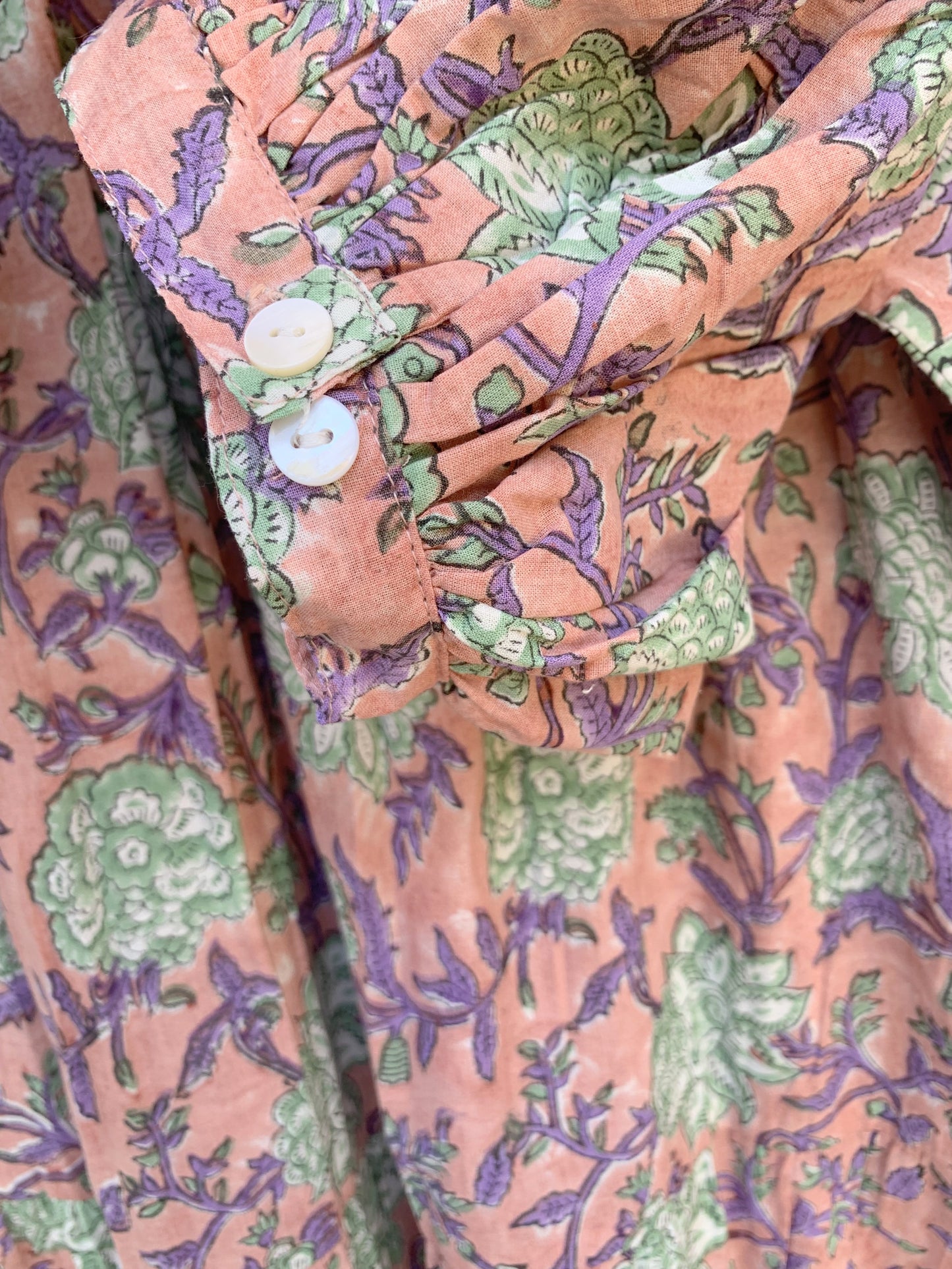 vintage rose gold floral block printed women's maxi dress