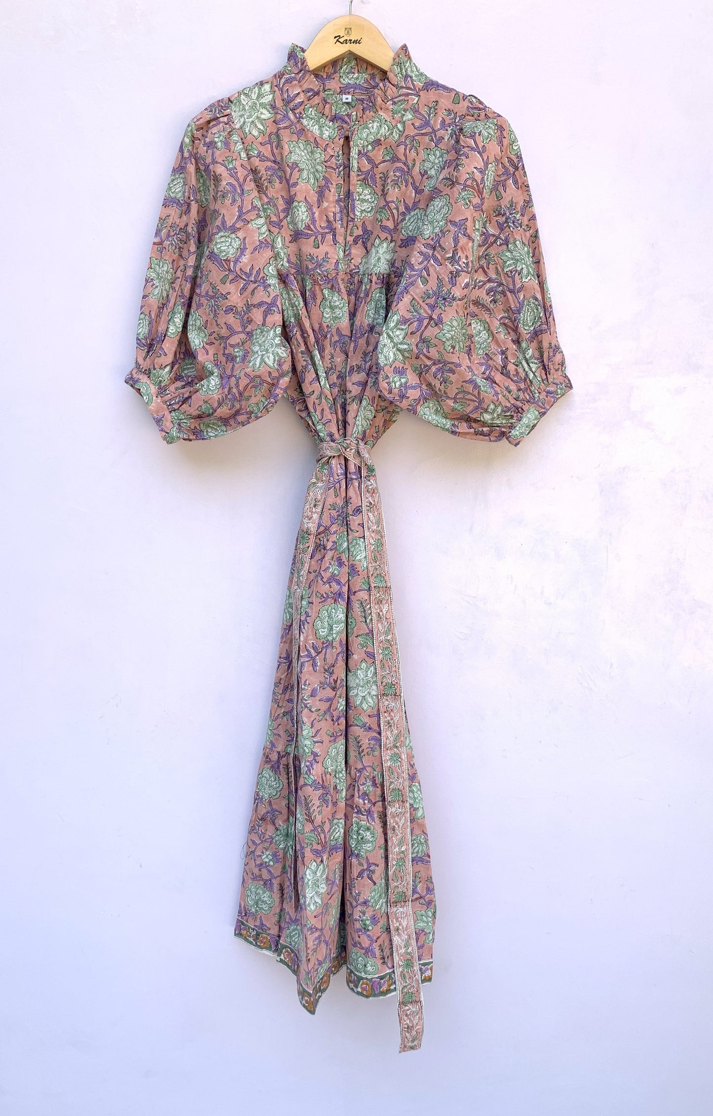 vintage rose gold floral block printed women's maxi dress