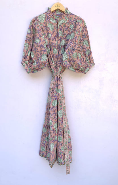 vintage rose gold floral block printed women's maxi dress