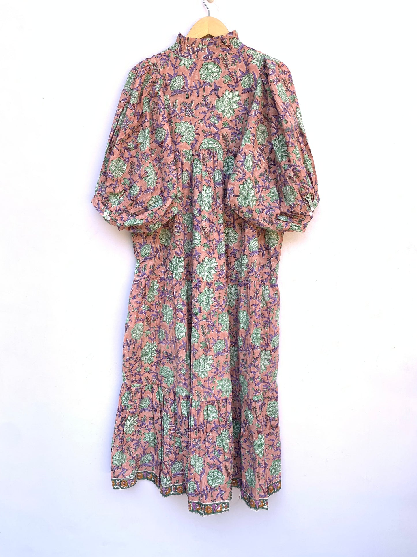 vintage rose gold floral block printed women's maxi dress