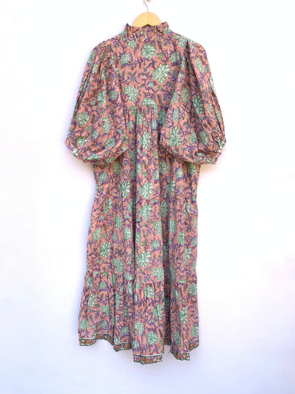 vintage rose gold floral block printed women's maxi dress