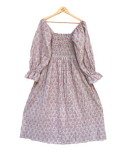 pink stripped floral hand block printed smocked maxi dress - long ruffle sleeves