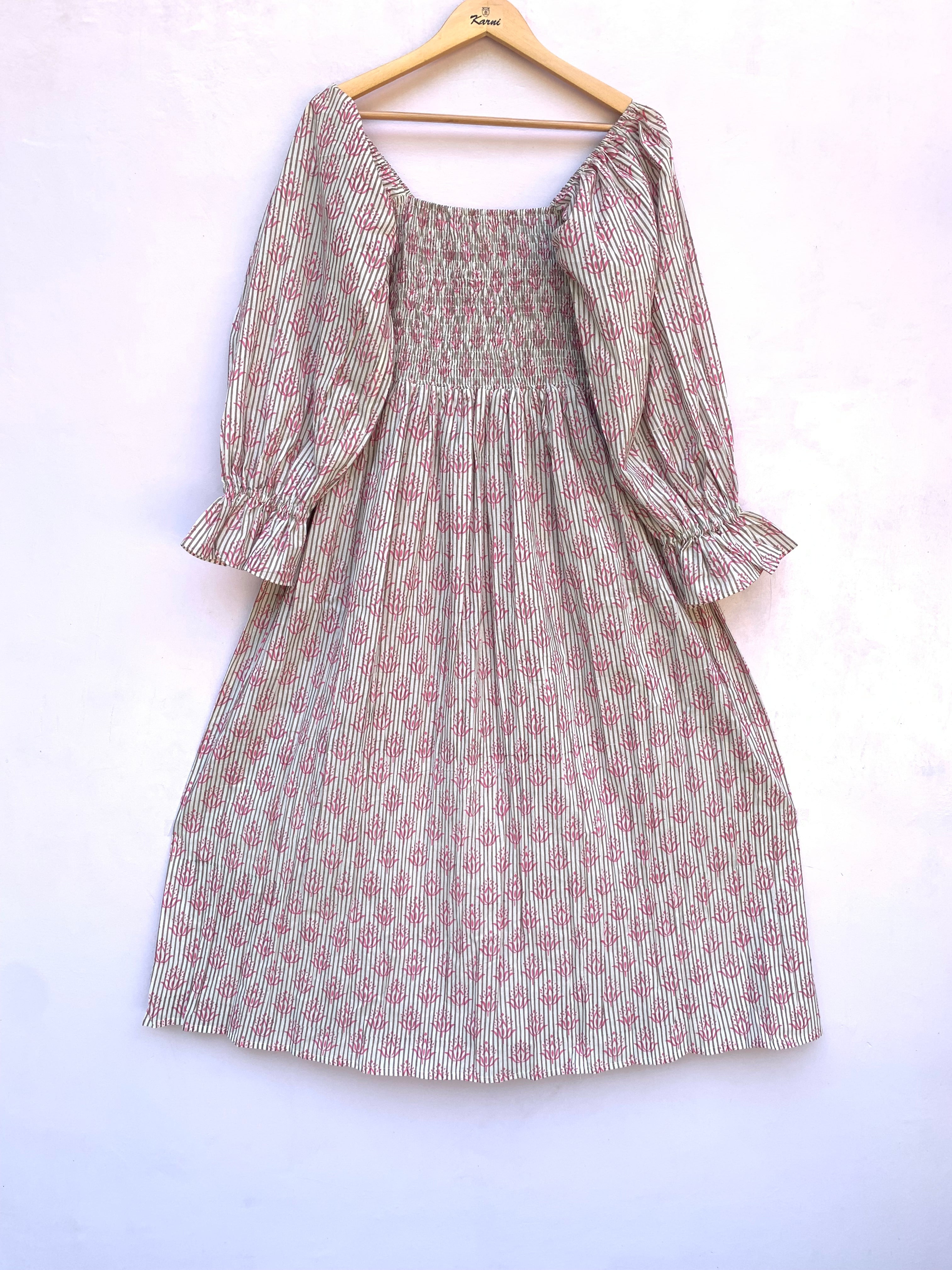 pink stripped floral hand block printed smocked maxi dress - long ruffle sleeves